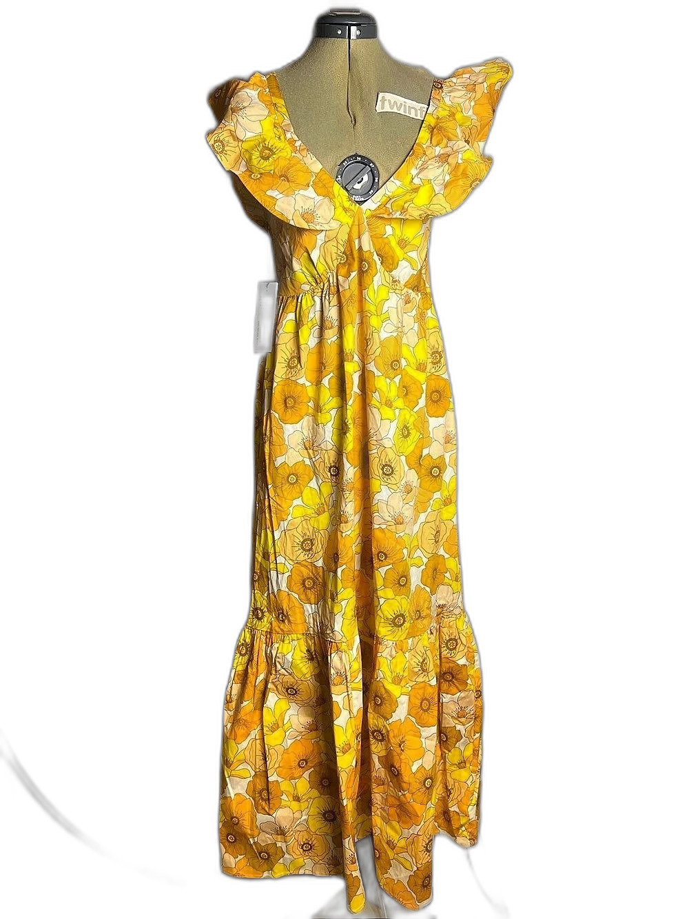NWT MOTT50 Serena Ruffle V-Neck Maxi Dress XS Marigold Sunset UPF 50+